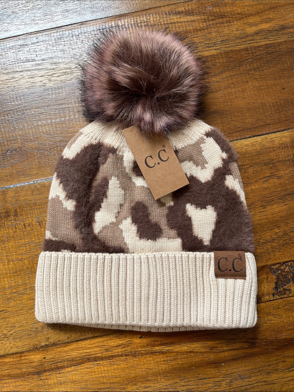 C.C Cream & Brown Camo Pom Beanie